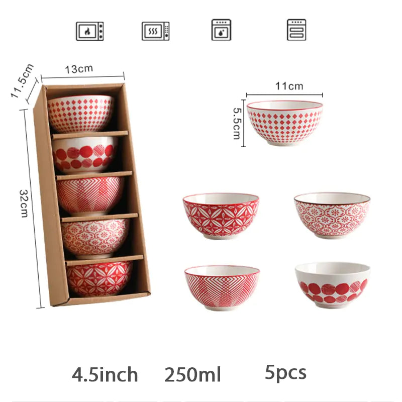Elegant Floral Ceramic Bowl Set – Japanese & Korean Style Tableware with Gift Box (5-Piece, Blue or Red)