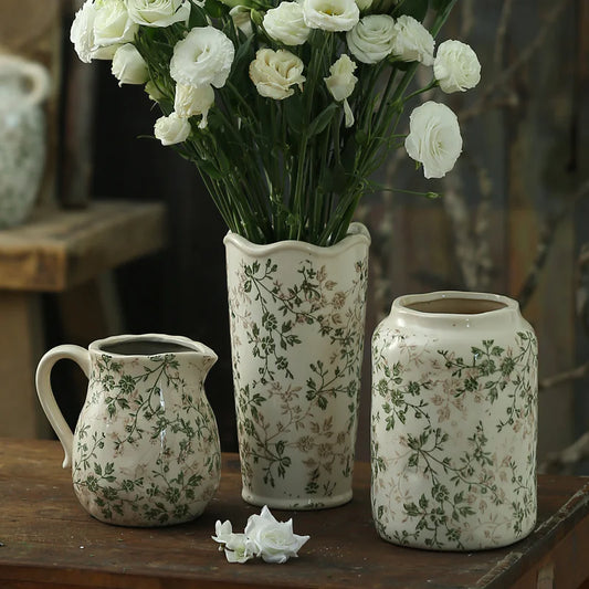 Green Pastoral Ceramic Vase – Rustic Flower Pot for Home & Office Décor