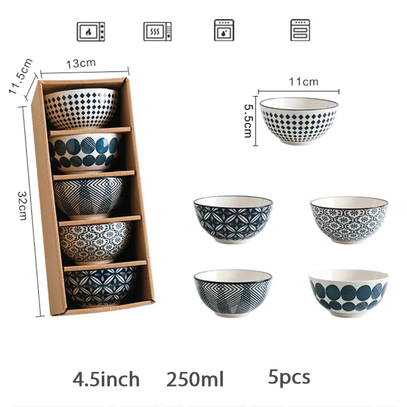 Elegant Floral Ceramic Bowl Set – Japanese & Korean Style Tableware with Gift Box (5-Piece, Blue or Red)
