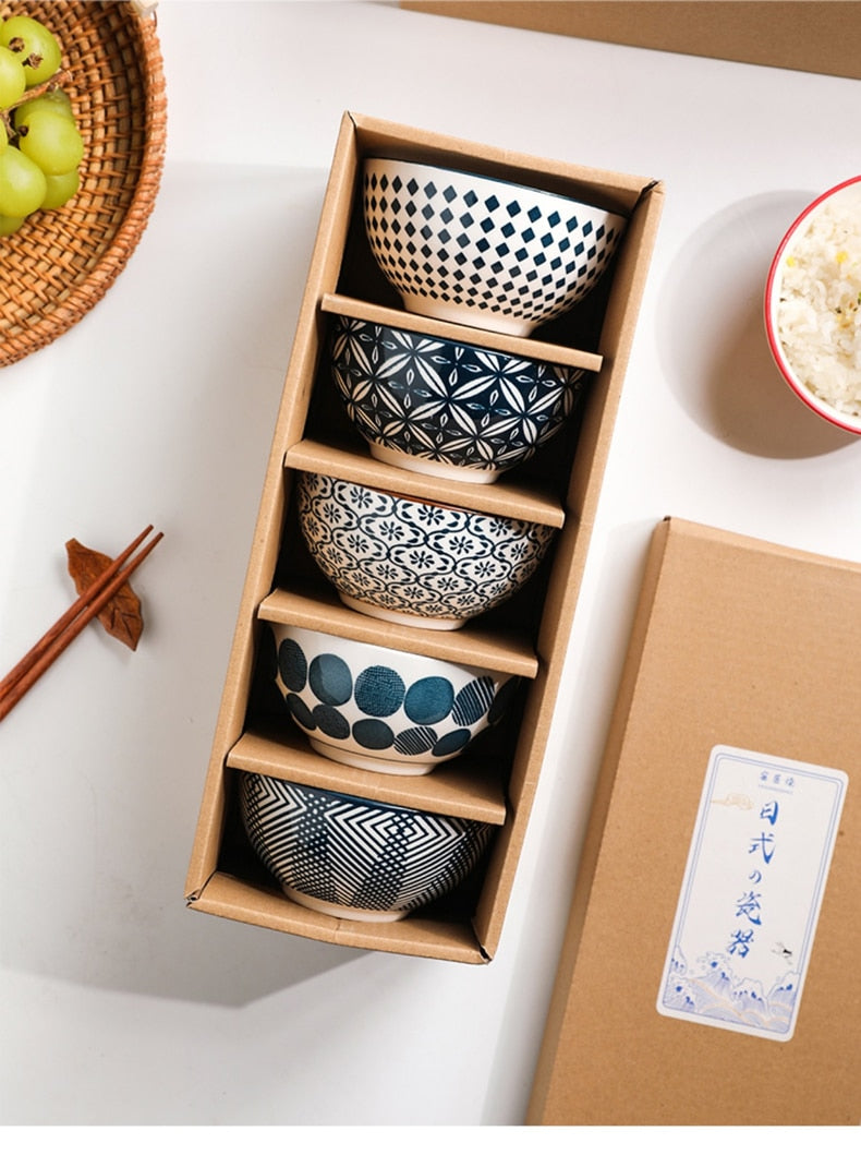 Elegant Floral Ceramic Bowl Set – Japanese & Korean Style Tableware with Gift Box (5-Piece, Blue or Red)
