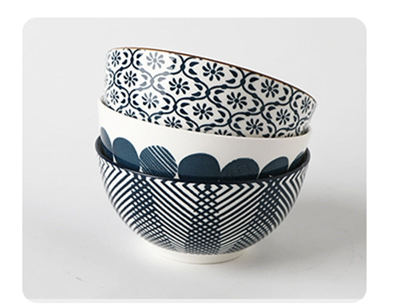 Elegant Floral Ceramic Bowl Set – Japanese & Korean Style Tableware with Gift Box (5-Piece, Blue or Red)