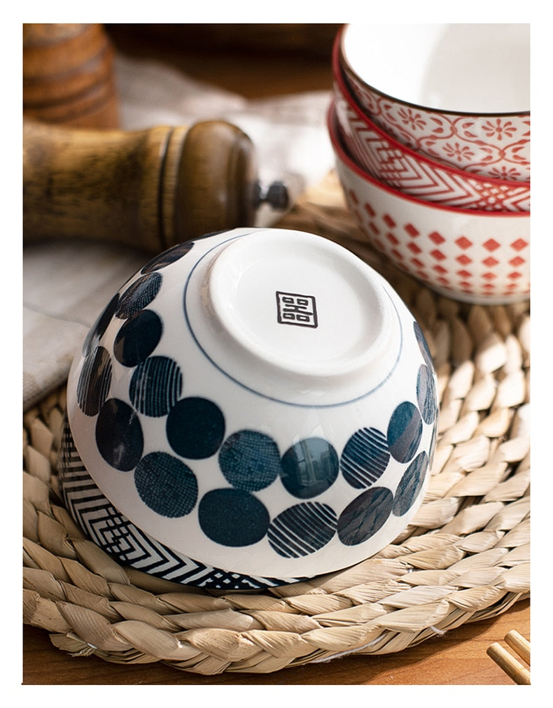 Elegant Floral Ceramic Bowl Set – Japanese & Korean Style Tableware with Gift Box (5-Piece, Blue or Red)