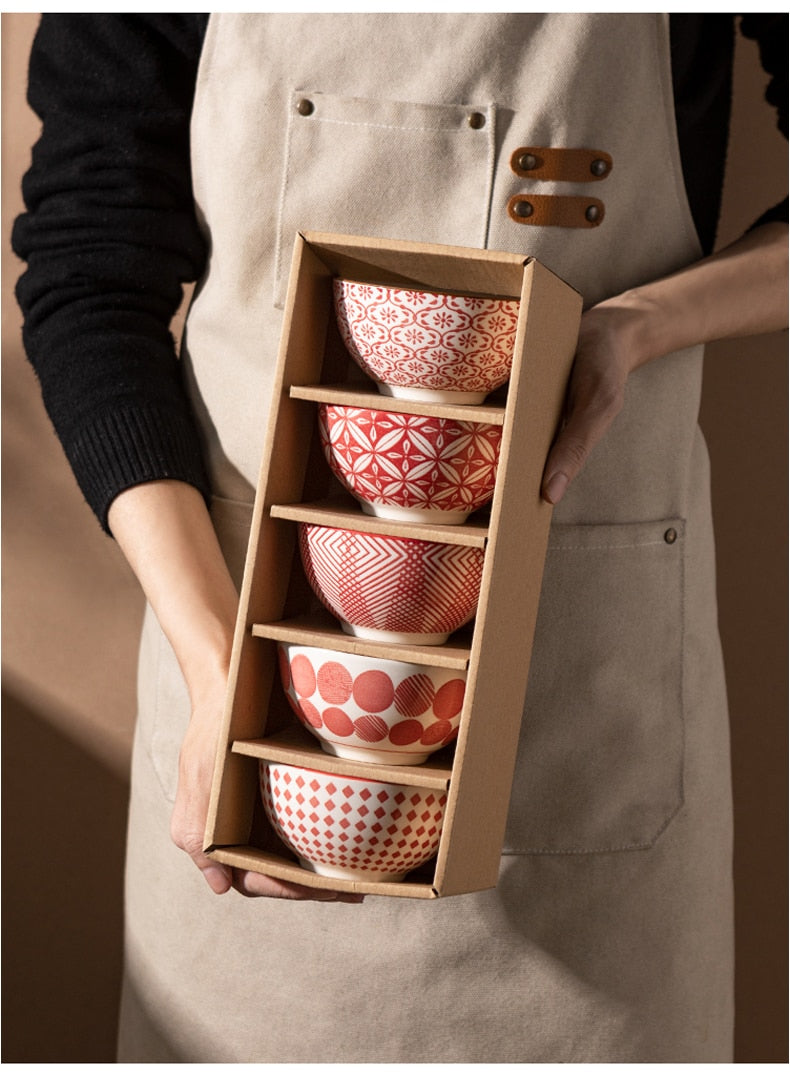 Elegant Floral Ceramic Bowl Set – Japanese & Korean Style Tableware with Gift Box (5-Piece, Blue or Red)