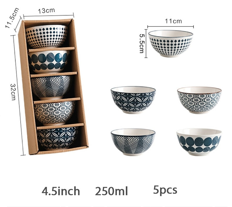 Elegant Floral Ceramic Bowl Set – Japanese & Korean Style Tableware with Gift Box (5-Piece, Blue or Red)