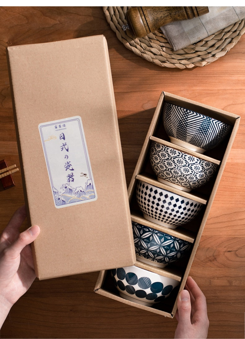 Elegant Floral Ceramic Bowl Set – Japanese & Korean Style Tableware with Gift Box (5-Piece, Blue or Red)