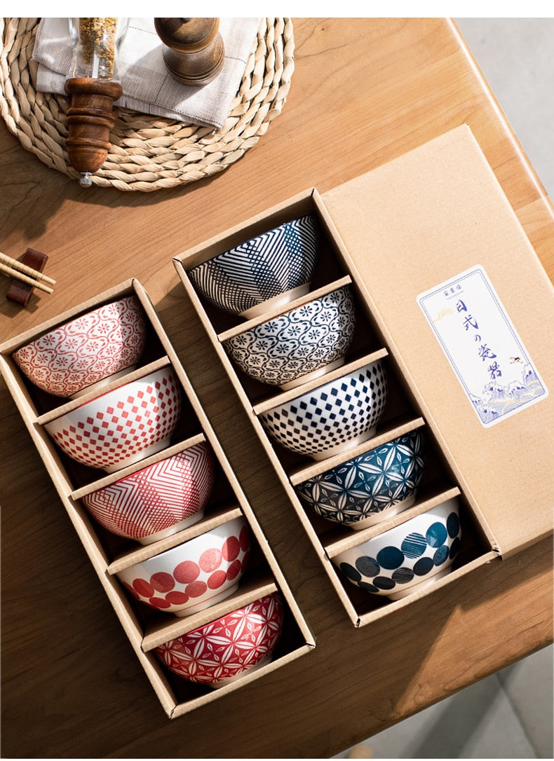 Elegant Floral Ceramic Bowl Set – Japanese & Korean Style Tableware with Gift Box (5-Piece, Blue or Red)