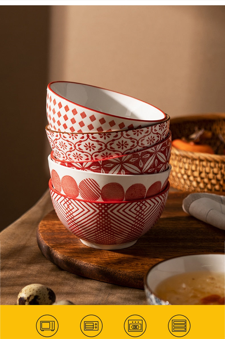 Elegant Floral Ceramic Bowl Set – Japanese & Korean Style Tableware with Gift Box (5-Piece, Blue or Red)