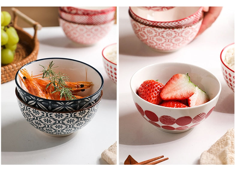 Elegant Floral Ceramic Bowl Set – Japanese & Korean Style Tableware with Gift Box (5-Piece, Blue or Red)