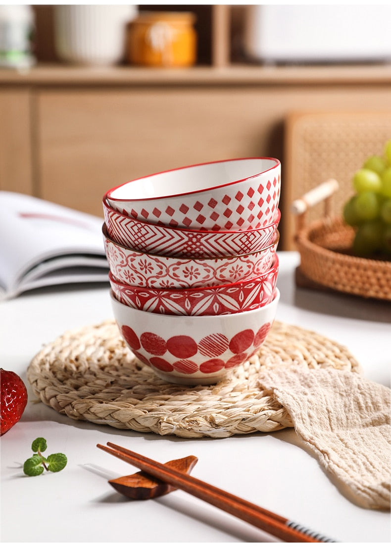 Elegant Floral Ceramic Bowl Set – Japanese & Korean Style Tableware with Gift Box (5-Piece, Blue or Red)