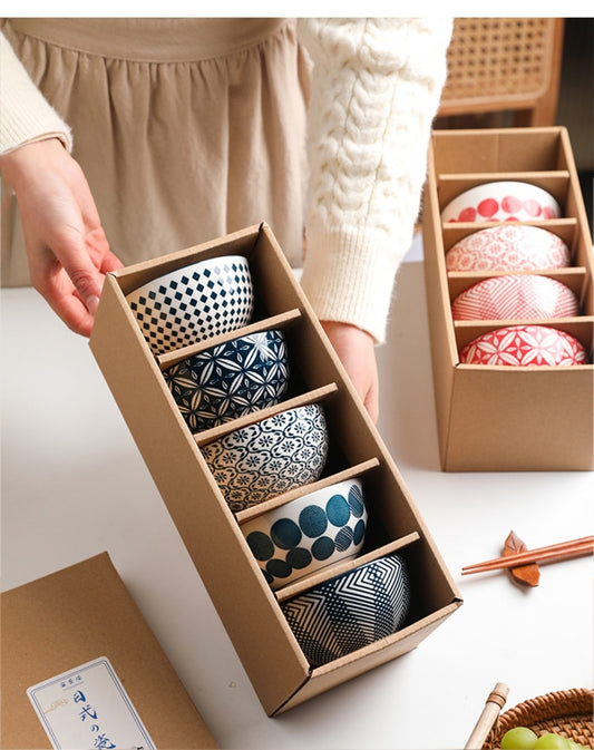 Elegant Floral Ceramic Bowl Set – Japanese & Korean Style Tableware with Gift Box (5-Piece, Blue or Red)