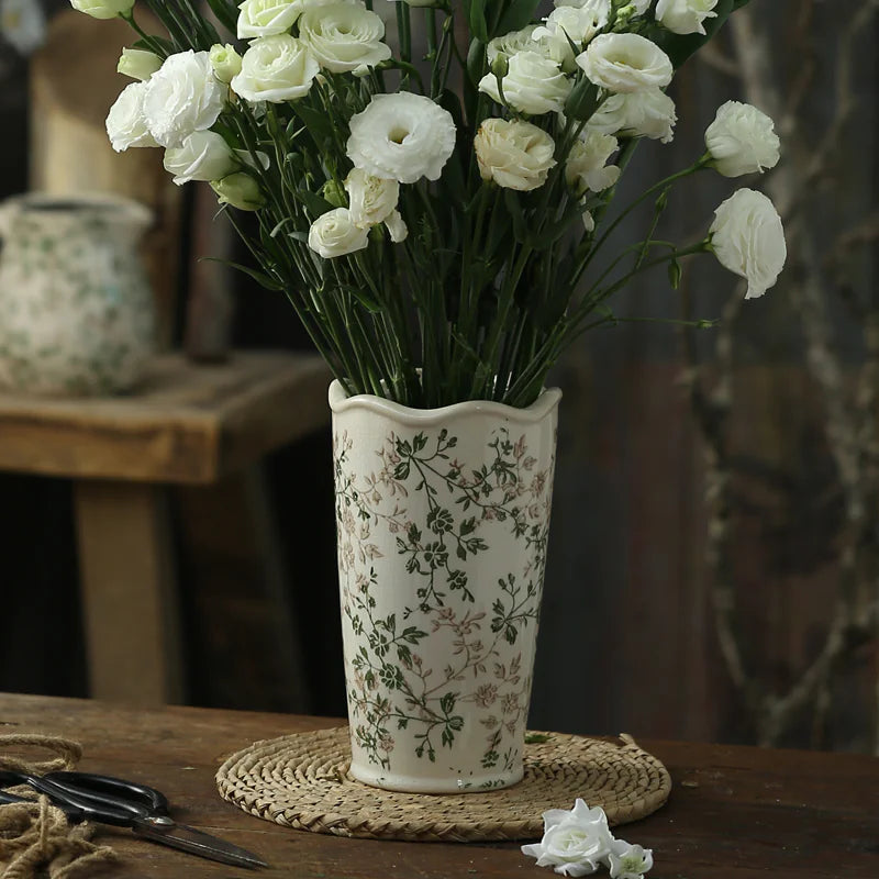 Green Pastoral Ceramic Vase – Rustic Flower Pot for Home & Office Décor