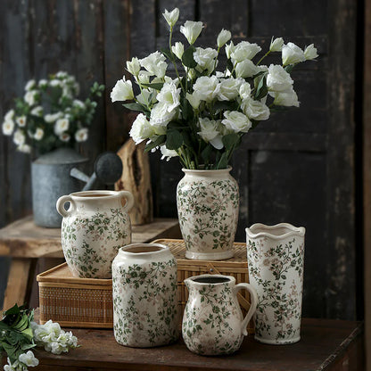 Green Pastoral Ceramic Vase – Rustic Flower Pot for Home & Office Décor