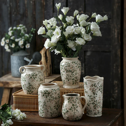 Green Pastoral Ceramic Vase – Rustic Flower Pot for Home & Office Décor