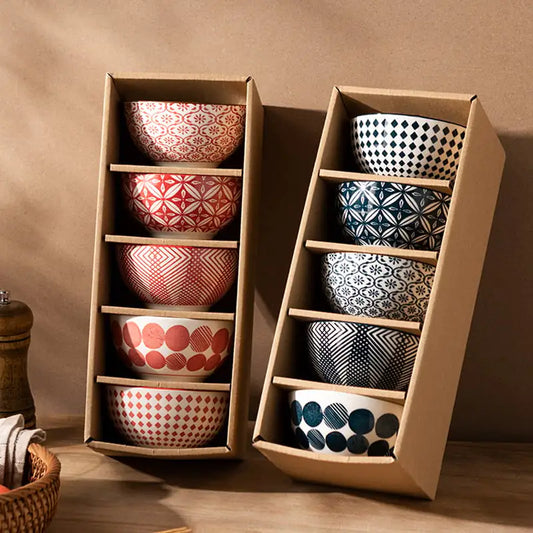 Elegant Floral Ceramic Bowl Set – Japanese & Korean Style Tableware with Gift Box (5-Piece, Blue or Red)