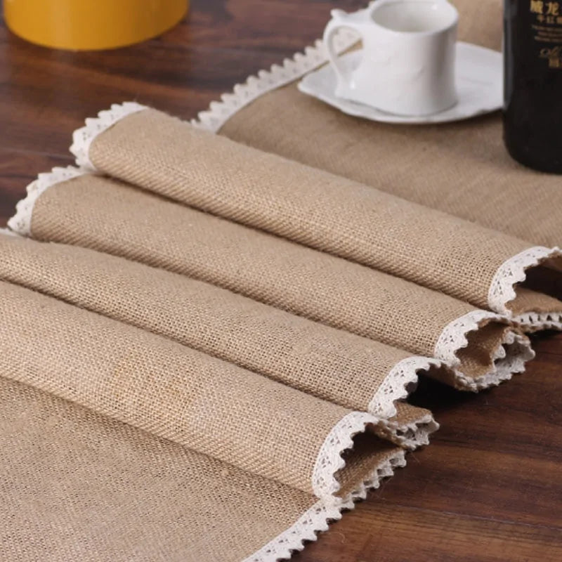 Rustic Jute Table Runner with Lace – Natural Burlap for Farmhouse & Wedding Decor