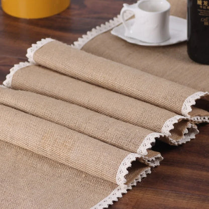 Rustic Jute Table Runner with Lace – Natural Burlap for Farmhouse & Wedding Decor