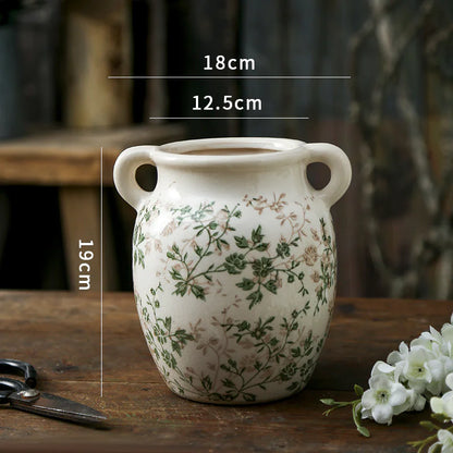 Green Pastoral Ceramic Vase – Rustic Flower Pot for Home & Office Décor