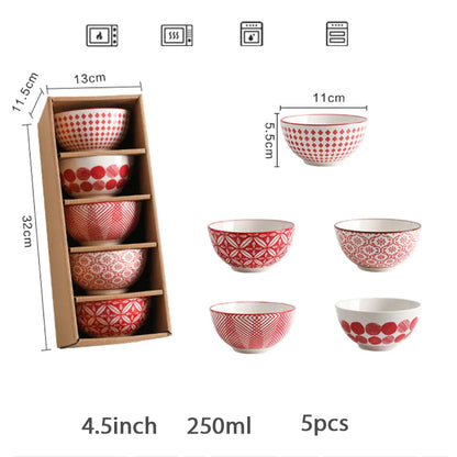 Elegant Floral Ceramic Bowl Set – Japanese & Korean Style Tableware with Gift Box (5-Piece, Blue or Red)