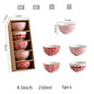 Elegant Floral Ceramic Bowl Set – Japanese & Korean Style Tableware with Gift Box (5-Piece, Blue or Red)