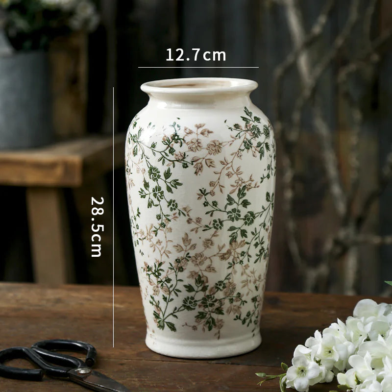 Green Pastoral Ceramic Vase – Rustic Flower Pot for Home & Office Décor