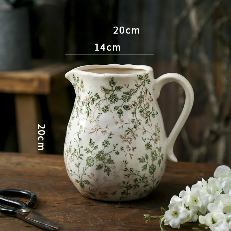 Green Pastoral Ceramic Vase – Rustic Flower Pot for Home & Office Décor