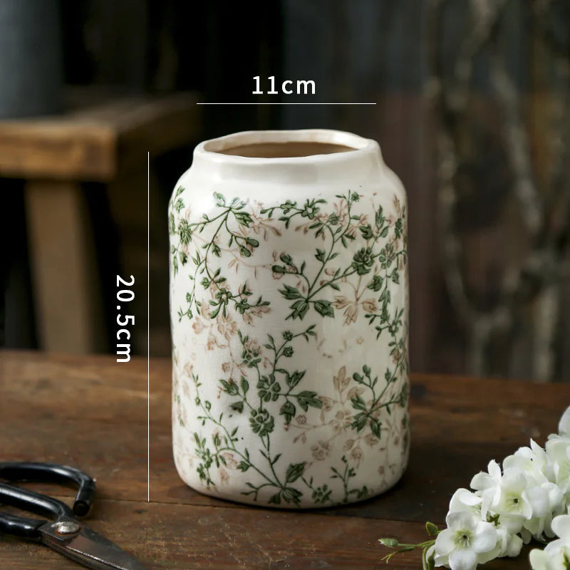 Green Pastoral Ceramic Vase – Rustic Flower Pot for Home & Office Décor