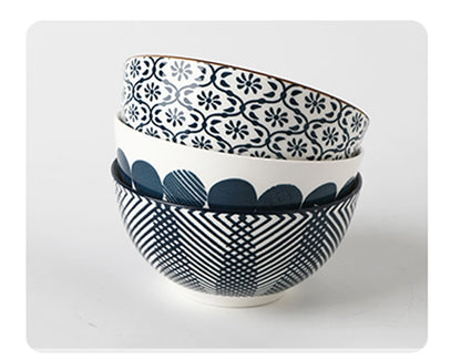 Elegant Floral Ceramic Bowl Set – Japanese & Korean Style Tableware with Gift Box (5-Piece, Blue or Red)