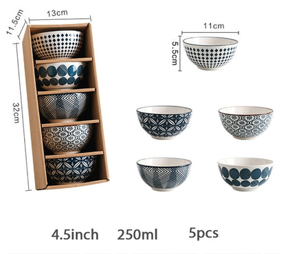 Elegant Floral Ceramic Bowl Set – Japanese & Korean Style Tableware with Gift Box (5-Piece, Blue or Red)