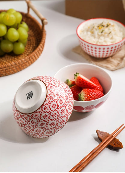 Elegant Floral Ceramic Bowl Set – Japanese & Korean Style Tableware with Gift Box (5-Piece, Blue or Red)