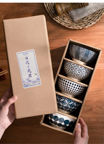 Elegant Floral Ceramic Bowl Set – Japanese & Korean Style Tableware with Gift Box (5-Piece, Blue or Red)