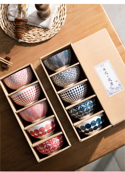 Elegant Floral Ceramic Bowl Set – Japanese & Korean Style Tableware with Gift Box (5-Piece, Blue or Red)