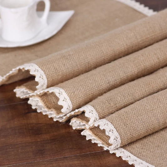 Rustic Jute Table Runner with Lace – Natural Burlap for Farmhouse & Wedding Decor