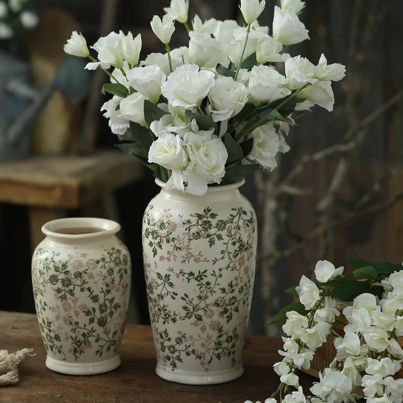 Green Pastoral Ceramic Vase – Rustic Flower Pot for Home & Office Décor