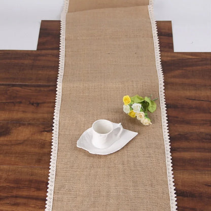 Rustic Jute Table Runner with Lace – Natural Burlap for Farmhouse & Wedding Decor